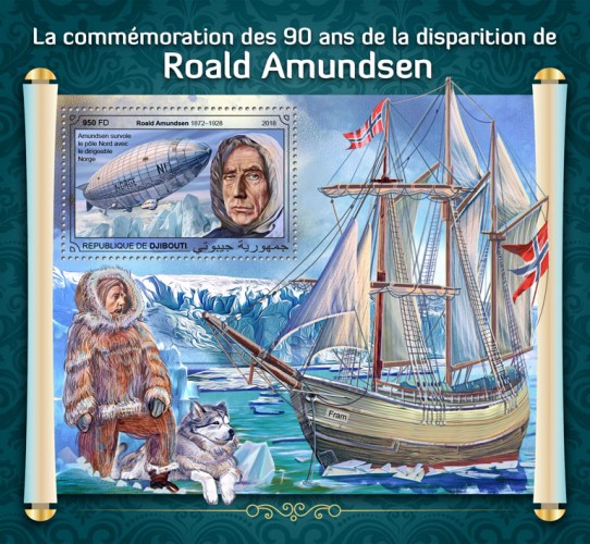 90th memorial anniversary of Roald Amundsen (Roald Amundsen (1872–1928), Roald Amundsen flew over the North pole with airship Norge) Background info: Fram | Stamps of DJIBOUTI
