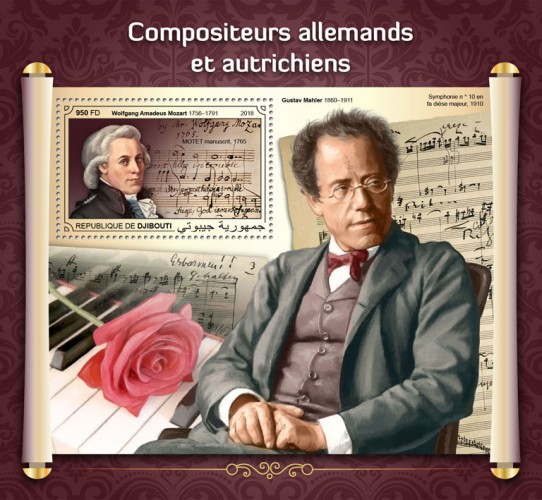 German-Austrian composers (Wolfgang Amadeus Mozart (1756–1791), motet manuscript, 1765) Background info: Gustav Mahler (1860–1911), Symphony No.10 in F sharp major, 1910 | Stamps of DJIBOUTI