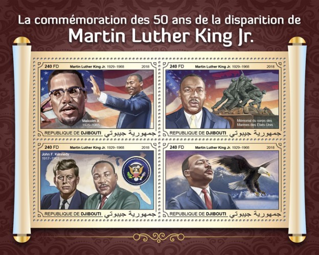 50th memorial anniversary of Martin Luther King Jr. (Martin Luther King Jr.  (1929–1968), Malcolm X (1925–1965); Marine Corps War Memorial; John F. Kennedy (1917–1963); | Stamps of DJIBOUTI