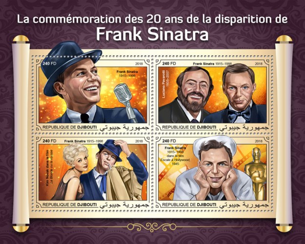 20th memorial anniversary of Frank Sinatra (Frank Sinatra (1915–1998); Luciano Pavarotti (1935–2007); Kim Novak in film Pal Joey; Frank Sinatra (1915–1998) in film Anchors Aweigh, 1945) | Stamps of DJIBOUTI