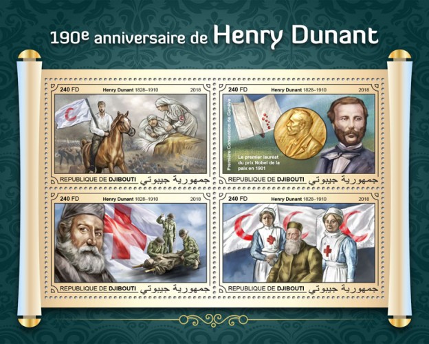 190th anniversary of Henry Dunant (Henry Dunant (1828–1910), First Geneva Convention, The first winner of the Nobel Peace Prize in 1901) | Stamps of DJIBOUTI