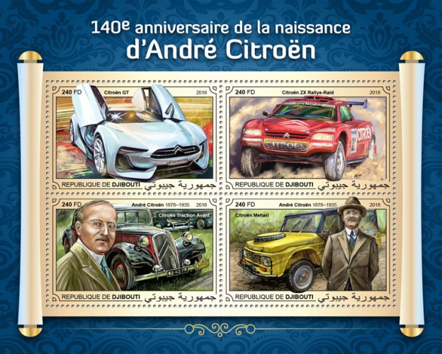 140th anniversary of Andre Citroen (Citroën GT; Citroën ZX Rallye-Raid; Citroën Traction Avant; André Citroën (1878–1935), Citroën Mehari) | Stamps of DJIBOUTI