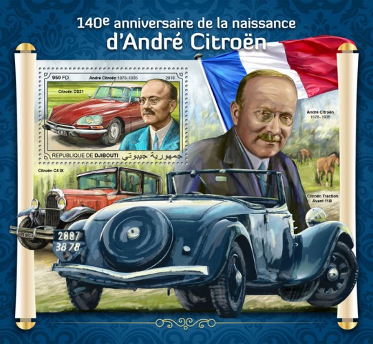140th anniversary of Andre Citroen (André Citroën (1878–1935), Citroën DS21) Background info: Citroën C4 IX, Citroën Traction Avant 11B | Stamps of DJIBOUTI