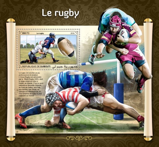 Rugby Background info: Rugby union is both a professional and amateur game. Rugby Union is administered by World Rugby (WR), whose headquarters are located in Dublin, Ireland. It is the national sport in New Zealand, Wales, Fiji, Samoa, Tonga, Georgia and Madagascar, and is the most popular form of rugby globally. | Stamps of DJIBOUTI