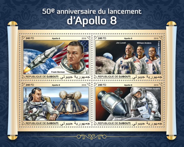 50th anniversary of the launch of Apollo 8 (Apollo 8, William Anders, Jim Lovell, Frank Borman) | Stamps of DJIBOUTI