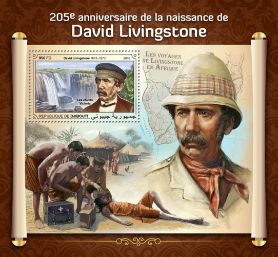 205th anniversary of David Livingstone (David Livingstone (1813–1873),  Victoria Falls) | Stamps of DJIBOUTI