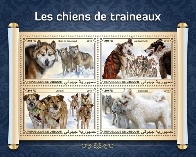 Sledge dogs (Greenland Dog; Alaskan Husky; Chinook; Samoyed) | Stamps of DJIBOUTI