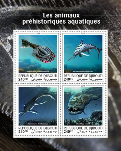 Prehistoric water animals (Drepanaspis gemuendenensis, Eurhinosaurus longirostris, Plesiosaurus dolichodeirus, Dinichthys terrelli) | Stamps of DJIBOUTI