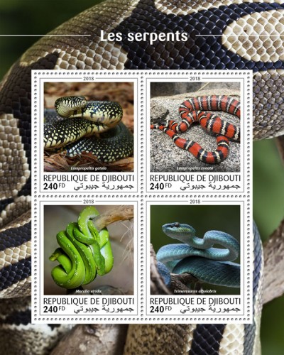 Snakes (Lampropeltis getula; Lampropeltis zonata; Morelia viridis; Trimeresurus albolabris) | Stamps of DJIBOUTI