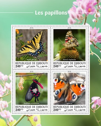 Butterflies (Papilio glaucus; Vanessa virginiensis; Pachliopta aristolochiae; Aglais io) | Stamps of DJIBOUTI