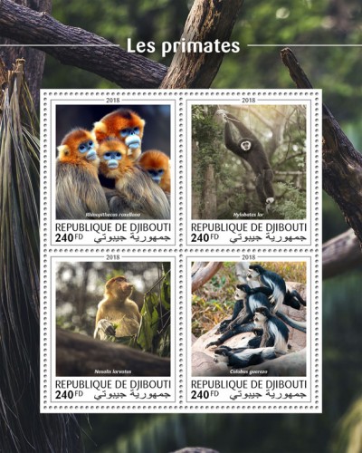 Primates (Rhinopithecus roxellana; Hylobates lar; Nasalis larvatus; Colobus guereza) | Stamps of DJIBOUTI