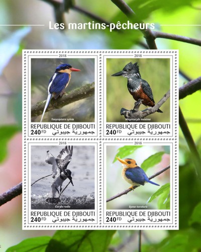 Kingfishers (Tanysiptera sylvia; Megaceryle maxima; Ceryle rudis; Syma torotoro) | Stamps of DJIBOUTI