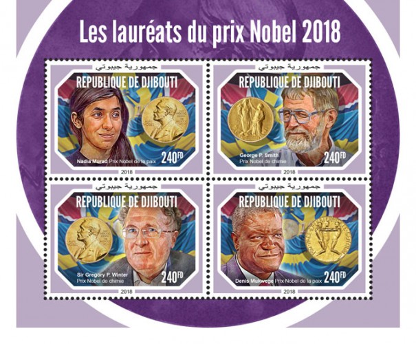 Nobel Prize winners 2018 (Nadia Murad, Nobel Peace Prize; George P. Smith, Nobel Prize in Chemistry; Sir Gregory P. Winter, Nobel Prize in Chemistry; Denis Mukwege, Nobel Peace Prize) | Stamps of DJIBOUTI