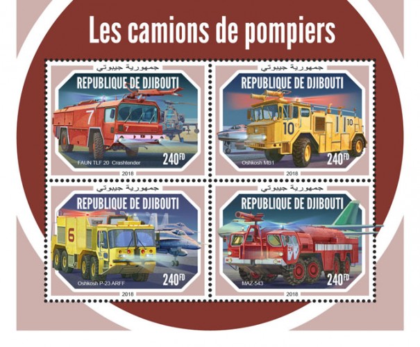 Fire engines (FAUN TLF 20  Crashtender; Oshkosh MB1; Oshkosh P-23 ARFF; MAZ-543) | Stamps of DJIBOUTI
