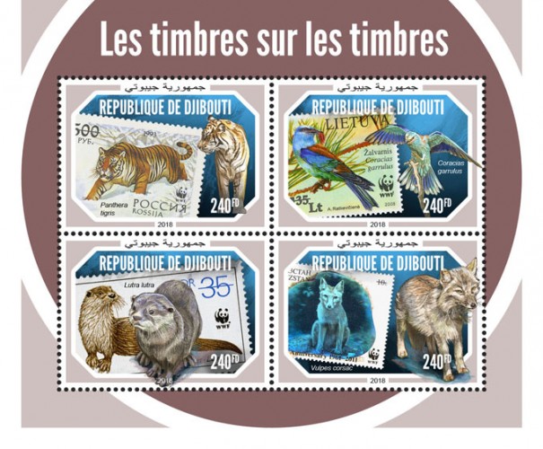 Stamps on stamps (Panthera tigris, Coracias garrulus; Lutra lutra; Vulpes corsac) | Stamps of DJIBOUTI