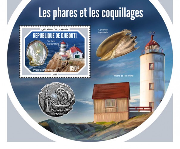 Lighthouses and shells (Pinctada margaritifera, Point Reyes Lighthouse) Background info: Cymbiola imperialis, Île-Verte Lighthouse | Stamps of DJIBOUTI