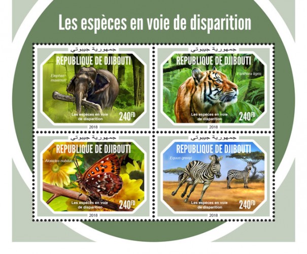 Endangered species (Elephas maximus; Panthera tigris; Aloeides nubilus; Equus grevyi) | Stamps of DJIBOUTI