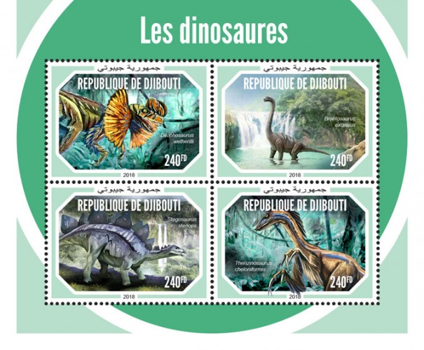 Dinosaurs (Dilophosaurus wetherilli; Brontosaurus excelsus; Stegosaurus stenops; Therizinosaurus cheloniformis) | Stamps of DJIBOUTI