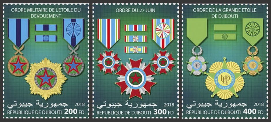 Djibouti medals (Order of the Star of Devotion; National Order of June 27; Order of the Great Star of Djibouti) (locals) | Stamps of DJIBOUTI