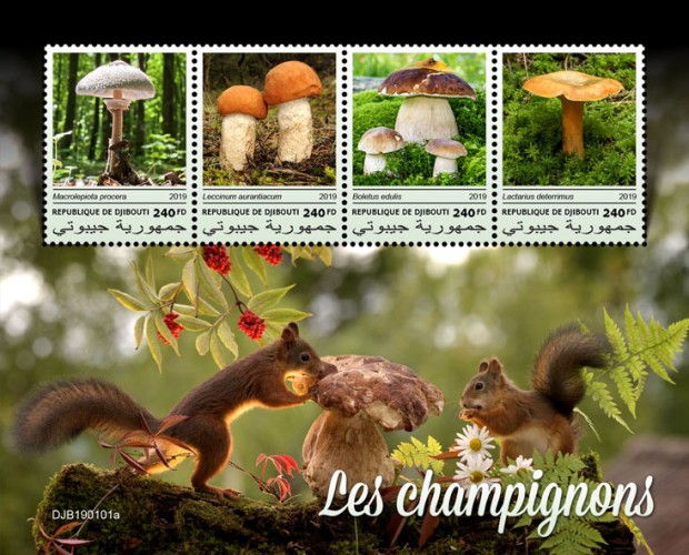 Mushrooms (Macrolepiota procera; Leccinum aurantiacum; Boletus edulis; Lactarius deterrimus) | Stamps of DJIBOUTI