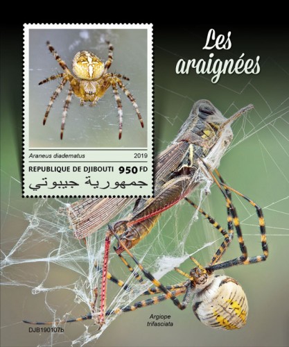 Spiders (Araneus diadematus) Background info: Argiope trifasciata | Stamps of DJIBOUTI