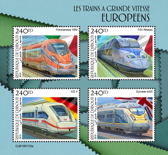 European speed trains (Frecciarossa 1000; TGV Réseau; ICE 4; Eurostar e320) | Stamps of DJIBOUTI