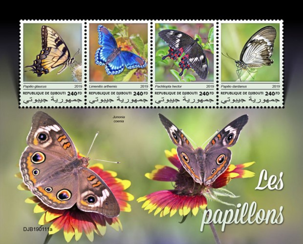 Butterflies (Papilio glaucus; Limenitis arthemis; Pachliopta hector; Papilio dardanus) Background info: Junonia coenia | Stamps of DJIBOUTI