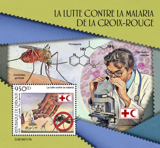 Red Cross fight against Malaria Background info: Anopheles gambiae, Plasmodium malariae, Primaquine | Stamps of DJIBOUTI