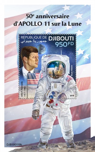 50th anniversary of Apollo 11 landing on the Moon (John F. Kennedy (1917–1963), Buzz Aldrin) | Stamps of DJIBOUTI