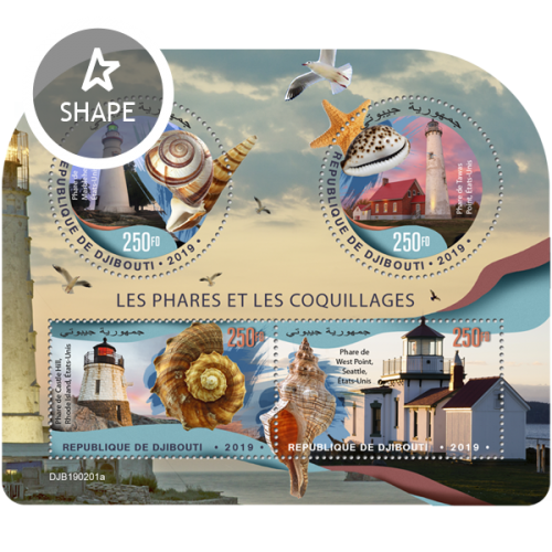 Lighthouses and shells (Marblehead Light, USA; Tawas Point Light, USA;  Castle Hill Light, Rhode Island, United States; West Point Light, Seattle, United States) | Stamps of DJIBOUTI