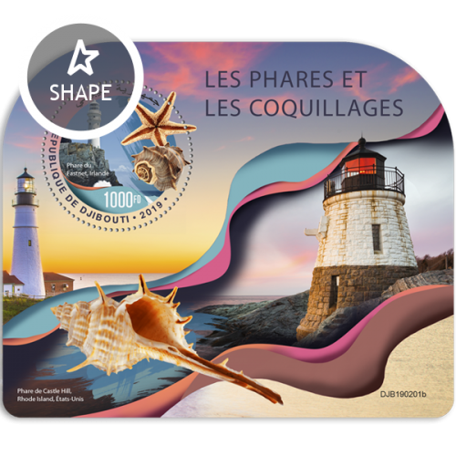 Lighthouses and shells (Fastnet Rock, Ireland) Background info: Castle Hill Light, Rhode Island, United States | Stamps of DJIBOUTI