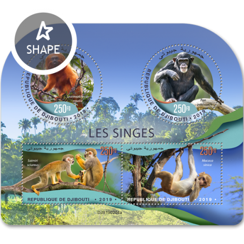 Monkeys (Leontopithecus rosalia; Pan paniscus; Saimiri sciureus; Macaca sinica) | Stamps of DJIBOUTI