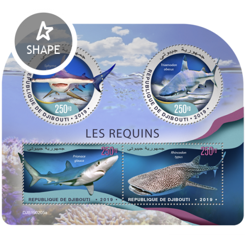 Sharks (Sphyrna lewini; Triaenodon obesus; Prionace glauca; Rhincodon typus) | Stamps of DJIBOUTI