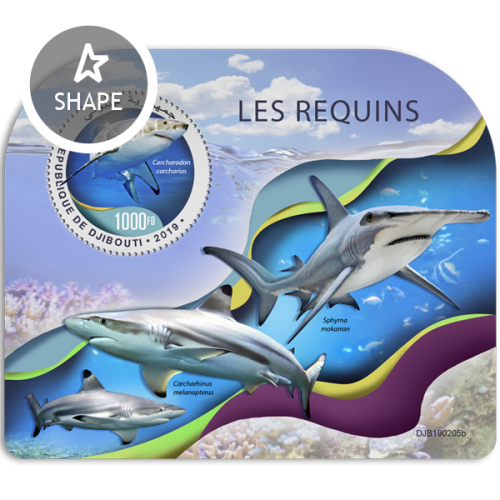 Sharks (Carcharodon carcharias) Background info: Sphyrna mokarran, Carcharhinus melanopterus | Stamps of DJIBOUTI