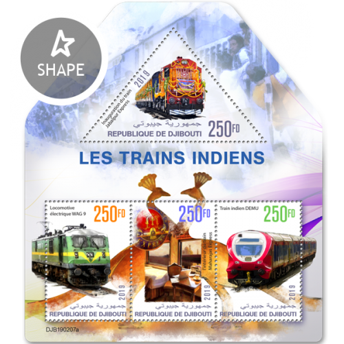 Indian trains (Inauguration of the Jabalpur Express train; Electric locomotive WAG 9; Inside the Maharajas Express train; Indian train DEMU) | Stamps of DJIBOUTI