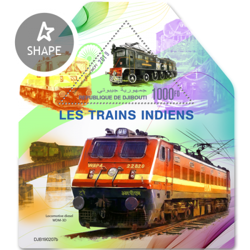 Indian trains (Diesel locomotive WCP1) Background info: Locomotive diesel WDM-3D | Stamps of DJIBOUTI