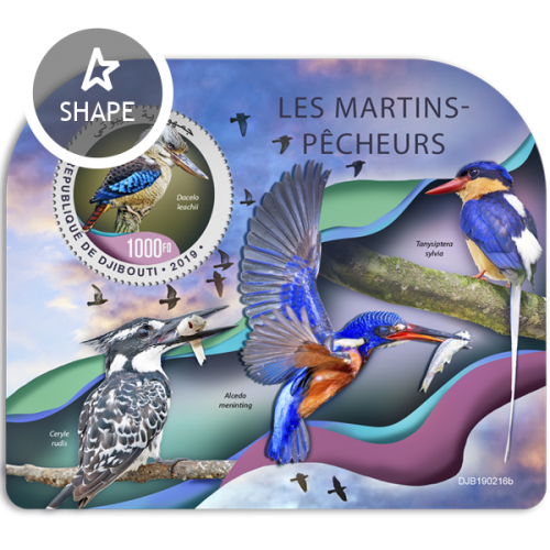 Kingfishers (Dacelo leachii) Background info: Tanysiptera sylvia, Alcedo meninting, Ceryle rudis | Stamps of DJIBOUTI