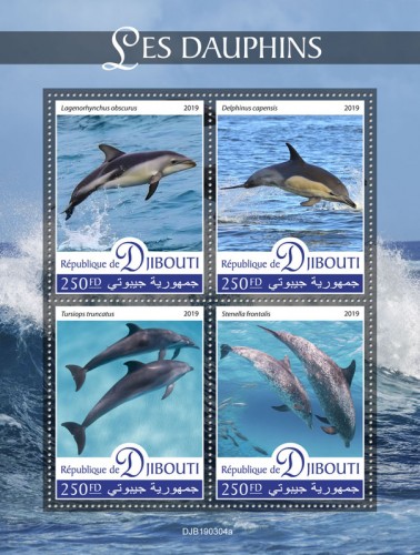 Dolphins (Lagenorhynchus obscurus; Delphinus capensis; Tursiops truncatus; Stenella frontalis) | Stamps of DJIBOUTI