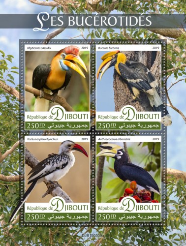 Hornbills (Rhyticeros cassidix; Buceros bicornis; Tockus erythrorhynchus; Anthracoceros albirostris) | Stamps of DJIBOUTI