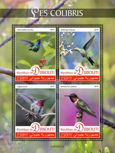 Hummingbirds (Chlorostilbon lucidus; Mellisuga helenae; Calypte anna; Archilochus colubris) | Stamps of DJIBOUTI