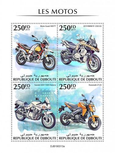 Motorcycles (Moto Guzzi V85TT; 2019 BMW R 1250 GS; Suzuki GSX1100S Katana; Kawasaki Z125) | Stamps of DJIBOUTI