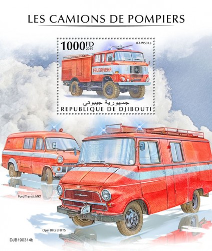 Fire engines (IFA W50 La) Background info: Ford Transit MK1, Opel Blitz LF8 TS | Stamps of DJIBOUTI