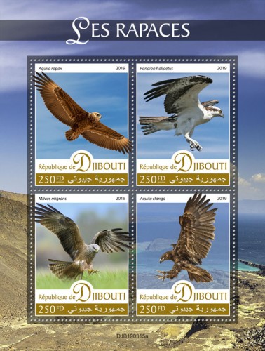 Birds of prey (Aquila rapax; Pandion haliaetus; Milvus migrans; Aquila clanga) | Stamps of DJIBOUTI