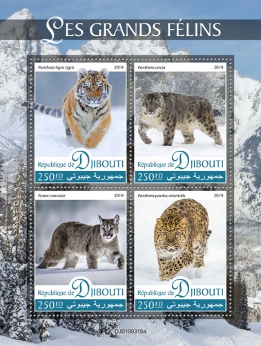 Big cats (Panthera tigris tigris; Panthera uncia; Puma concolor; Panthera pardus orientalis) | Stamps of DJIBOUTI