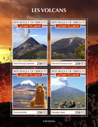 Volcanoes (Volcán de Fuego, Guatemala; Piton de la Fournaise, France; Parinacota, Bolivia, Vicugna pacos; Sakurajima, Japan) | Stamps of DJIBOUTI