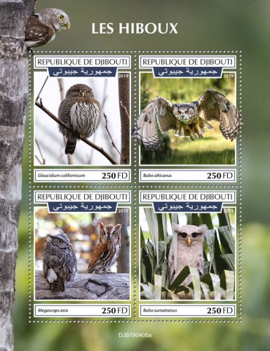 Owls (Glaucidium californicum; Bubo africanus; Megascops asio; Bubo sumatranus) | Stamps of DJIBOUTI