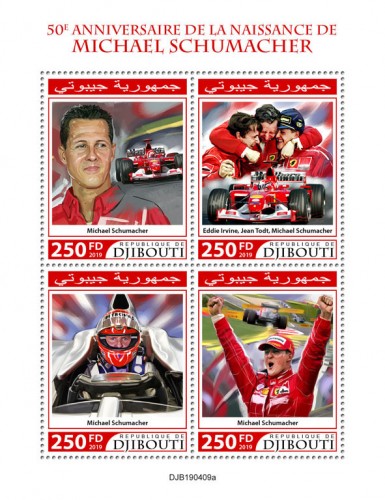 50th anniversary of Michael Schumacher (Eddie Irvine, Jean Todt, Michael Schumacher) | Stamps of DJIBOUTI