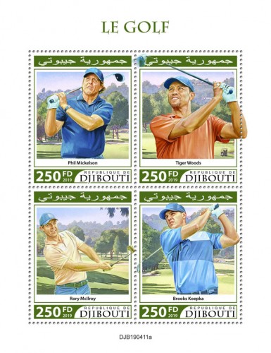 Golf (Phil Mickelson; Tiger Woods; Rory McIlroy; Brooks Koepka) | Stamps of DJIBOUTI