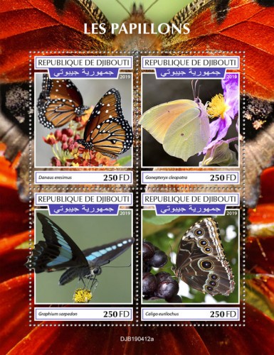 Butterflies (Danaus eresimus; Gonepteryx Cleopatra; Graphium sarpedon; Caligo eurilochus) | Stamps of DJIBOUTI