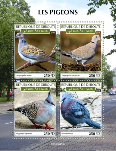 Pigeons (Streptopelia turtur; Streptopelia decaocto; Ocyphaps lophotes; Goura victoria) | Stamps of DJIBOUTI